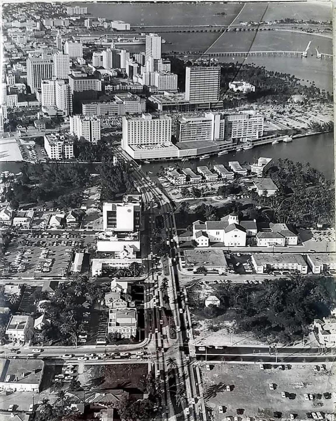Archival black-and-white aerial view of Brickell and Biscayne Bay