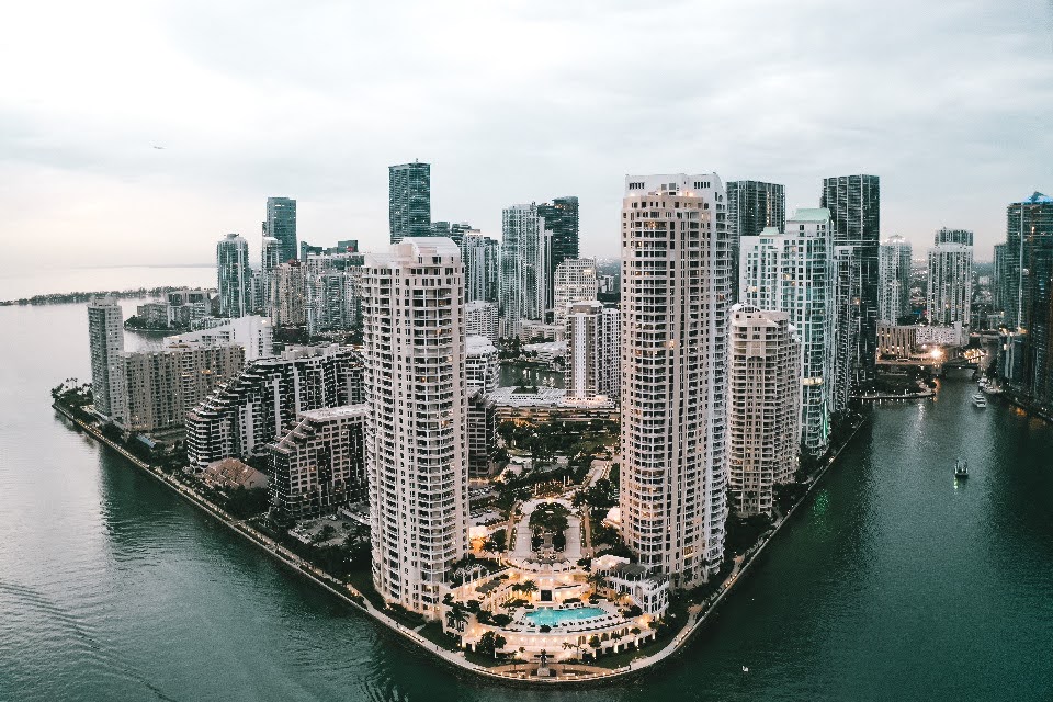 Aerial view of Brickell Key and the surrounding Brickell skyline