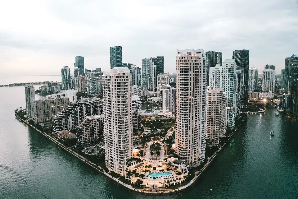 Aerial view of Brickell Key and the waterfront